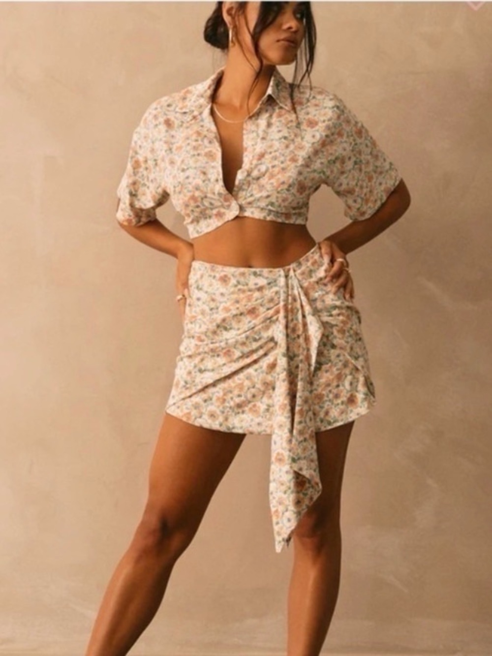 Emory Park Cream Floral Tie-Front Mini Skirt crop top Set size M